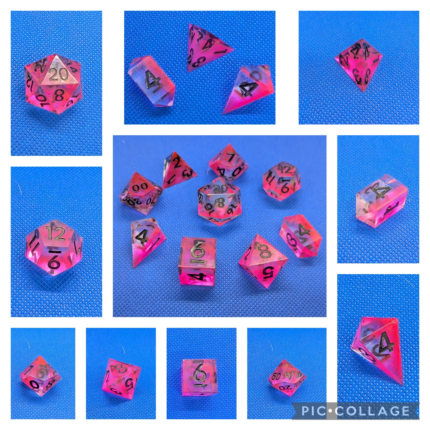 UV Reactive Pink and Clear Polyhedral Dice Set inc. shard d4 and gem d4 with black numbering