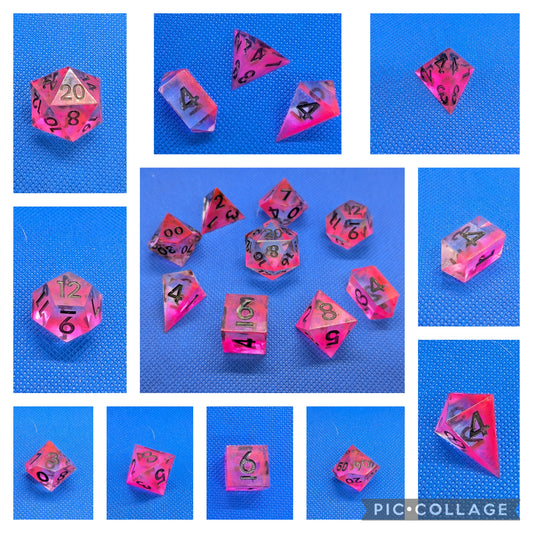 UV Reactive Pink and Clear Polyhedral Dice Set inc. shard d4 and gem d4 with black numbering