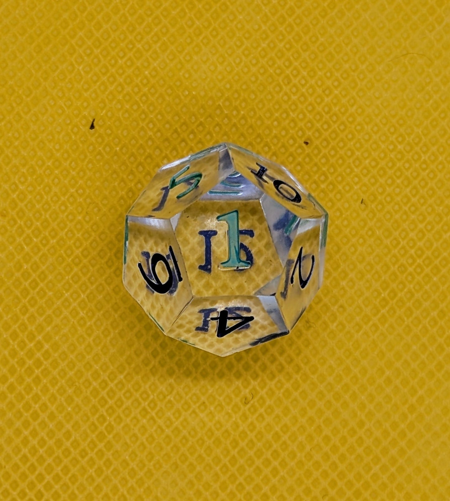 Odds and Evens clear dice. Odds inked green Evens inked blue *d6 deformed but not weighted