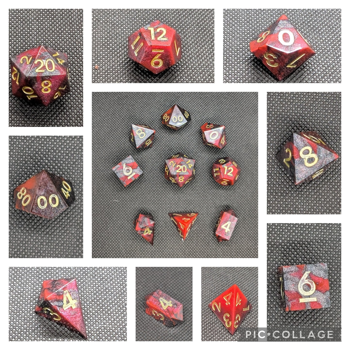 UV Reactive multicoloured polyhedral dice set with extra shard d4 and gem d4