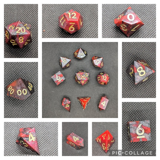 UV Reactive multicoloured polyhedral dice set with extra shard d4 and gem d4