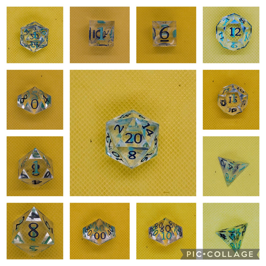 Odds and Evens clear dice. Odds inked green Evens inked blue *d6 deformed but not weighted
