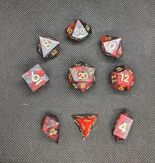 UV Reactive multicoloured polyhedral dice set with extra shard d4 and gem d4