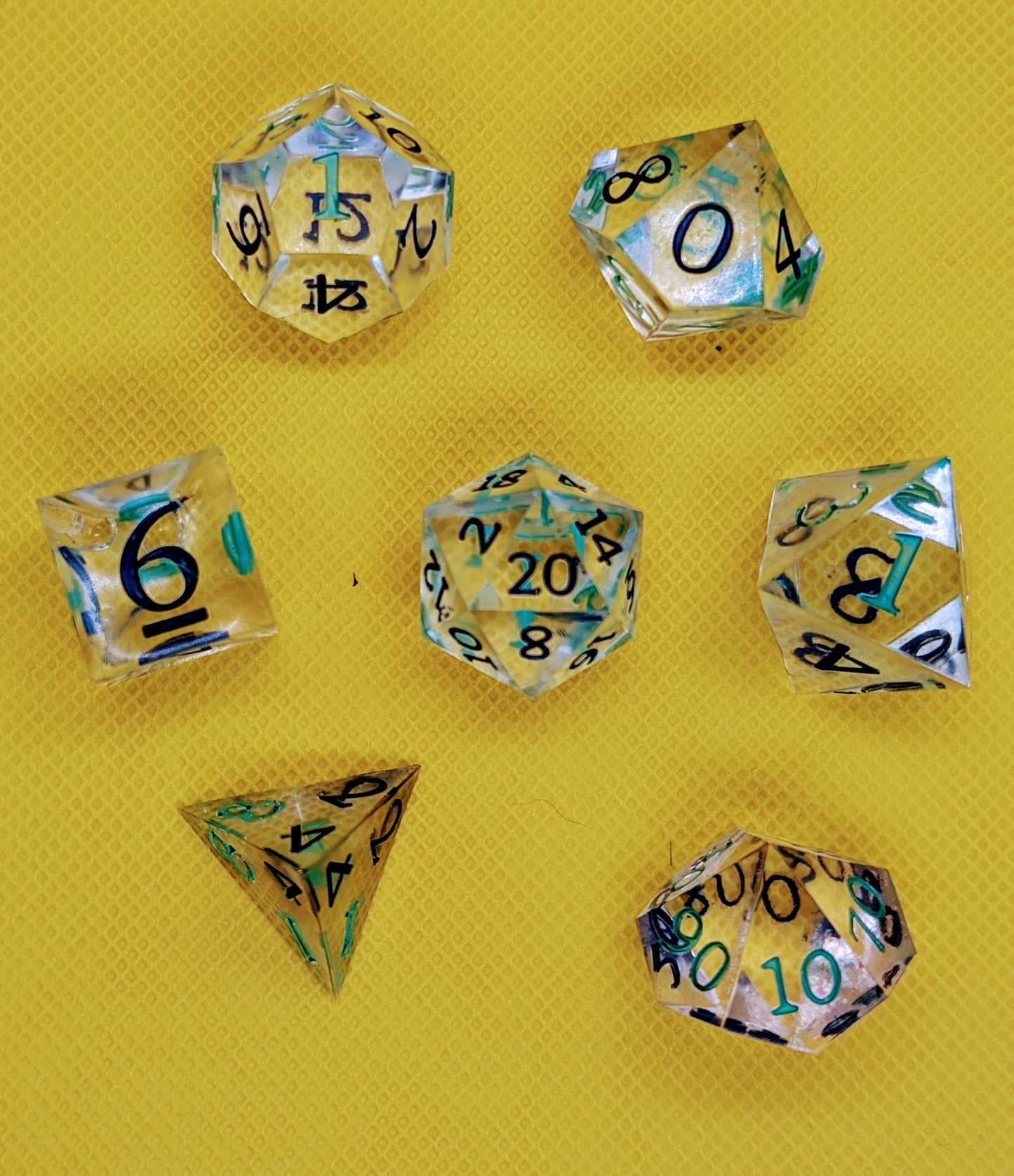 Odds and Evens clear dice. Odds inked green Evens inked blue *d6 deformed but not weighted